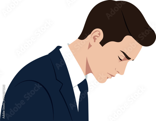 Sad Businessman Bowing Head In Dark Suit Minimal Illustration Isolated