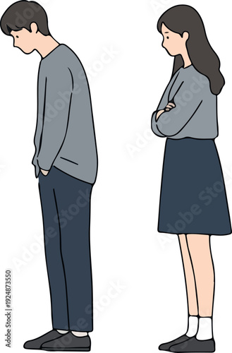 Sad Couple In Casual Grey Outfits Stand Apart On White Background Vector Illustration