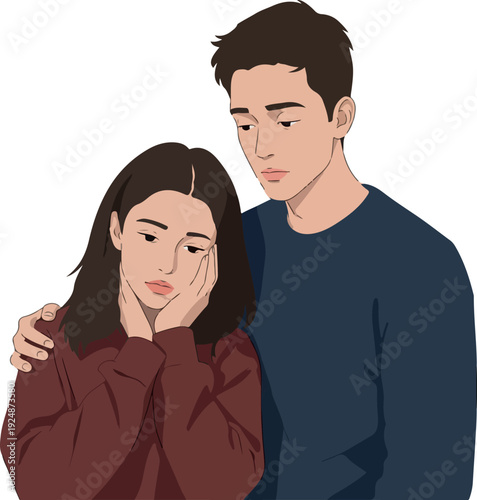 Sad Couple Comforting Each Other Dark Red Sweatshirt Blue Sweater