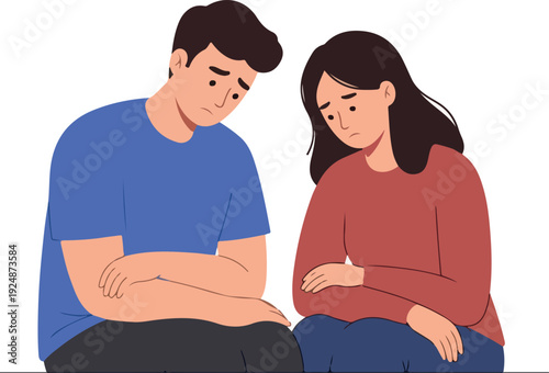 Sad Couple Sitting Together Blue Shirt Red Top White Background