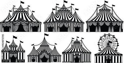 Vintage Circus Tent and Carnival Ferris Wheel Silhouette Collection, Black and White Festival Vector Illustration Set Isolated on White Background