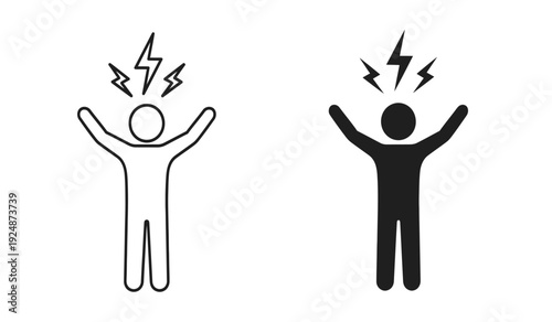Two stick figures with lightning bolts above their heads in black and white