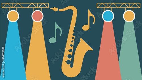 A colorful illustration of a saxophone under bright stage lights with musical notes floating around it