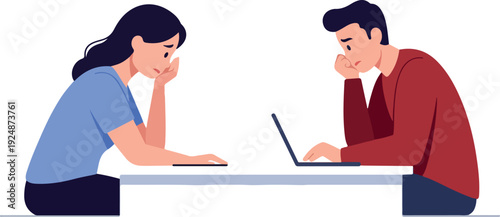 Sad Couple Sitting at Table with Laptop Minimalist Illustration