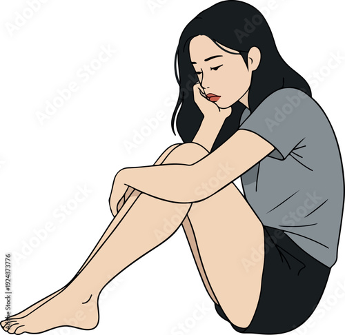 Sad Girl Sitting In Grey T Shirt Black Shorts Alone On White Background