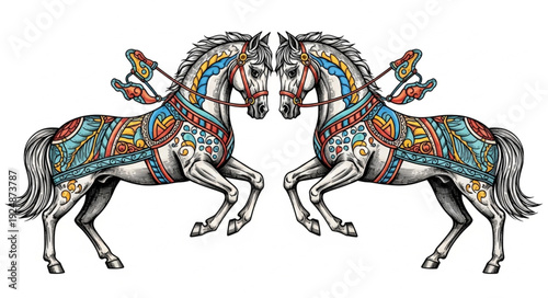 Two ornate carousel horses facing each other with colorful decorations.