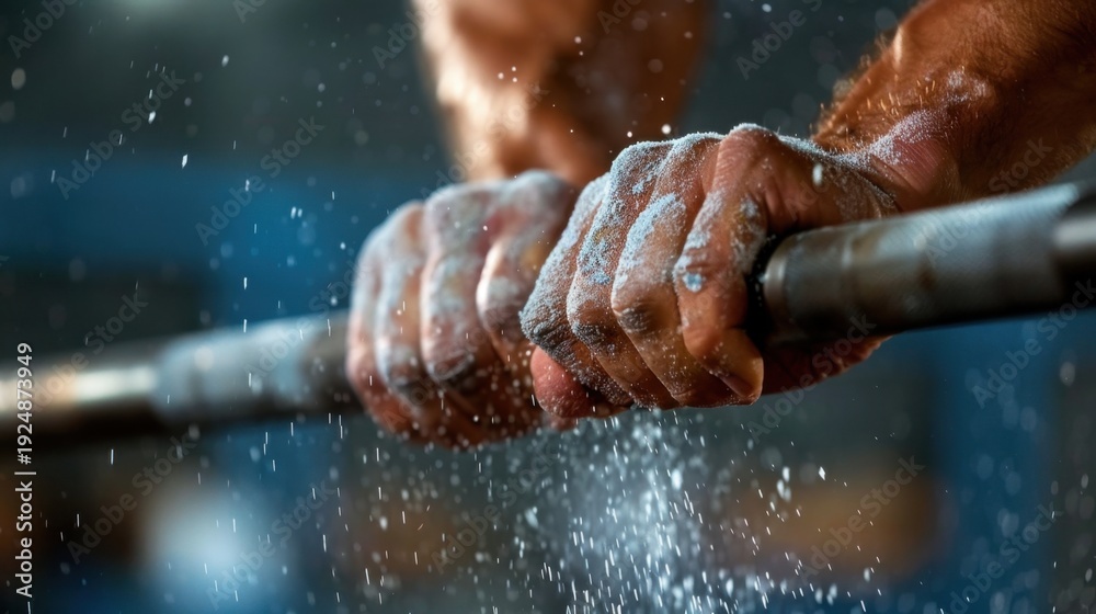 Fototapeta premium Hands Holding Barbell with Chalk Dust in Fitness Gym Environment During Strength Training Session
