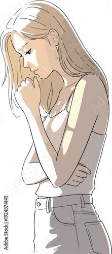 Sad Woman Praying Minimalist Illustration Tan Skin Neutral Tones