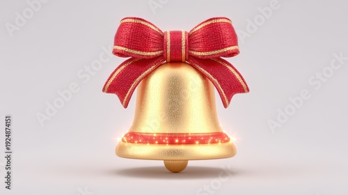 Golden Christmas Bell With Red Bow And Sparkles On White Background Studio Lighting