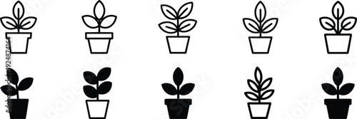 Ten cohesive black and white icons representing simple potted plants with three leaves