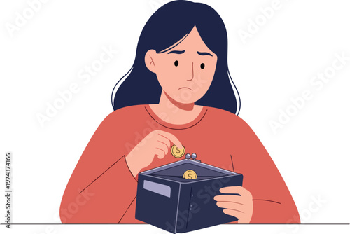 Sad Woman With Few Coins In Wallet Flat Minimalist Illustration