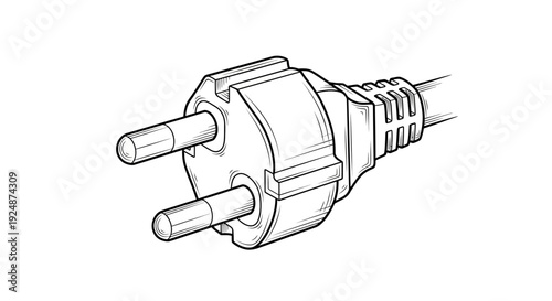 European Power Plug, Electrical Connector, Two Pin Plug, Isolated White Background, Line Art