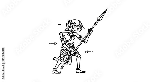 Fantasy Warrior Goblin Character with Spear, Line Art Animation Style
