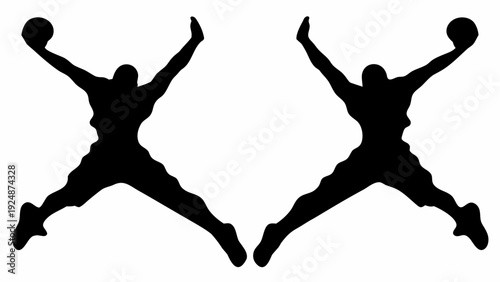 Dynamic basketball players jumping with balls in air