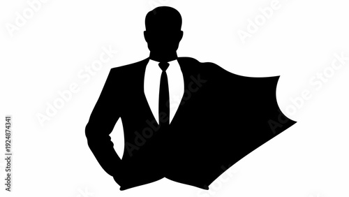 Confident businessman in suit and tie with cape standing strong
