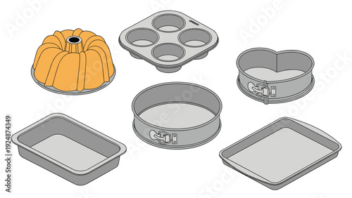 An isometric set of six common metal baking pans, including a bundt pan, muffin tin, and springform pans, in a line art style.