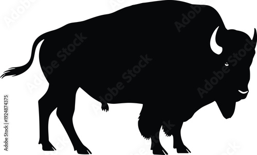Bison silhouette illustration, wildlife vector art, North American animal design, prairie bison artwork, nature concept, rustic black white style