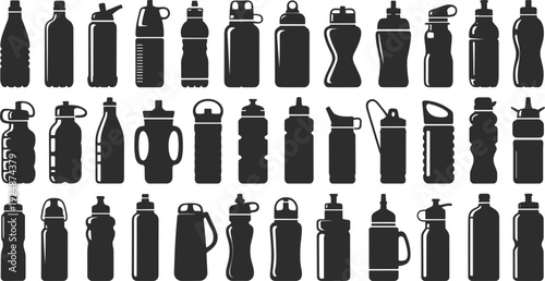 Assortment of Black Silhouettes of Water Bottles and Drink Containers hydration