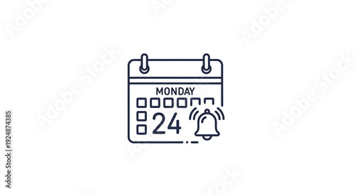 Calendar Reminder Icon with Bell Notification, Date 24, Monday