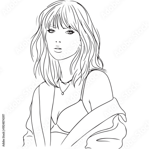 Confident Line Art Portrait of Woman with Bangs, Necklace, and Open Top