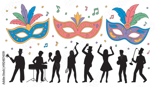 A vibrant illustration of people celebrating with colorful masks and musical instruments