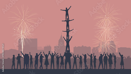 A group of people celebrating with fireworks in the city at sunset