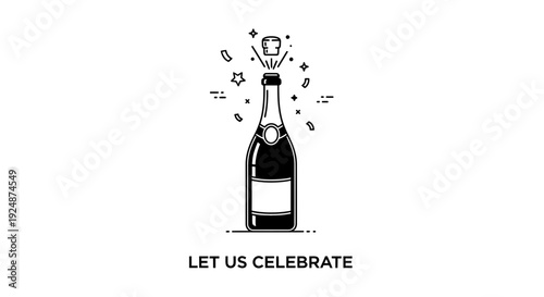 Champagne Bottle Popping Cork Celebration Toast Minimalist Line Art Vector