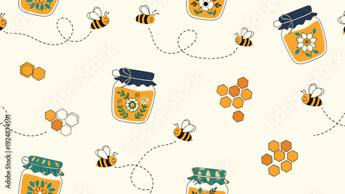 Whimsical seamless pattern featuring cute cartoon bees flying around floral honey jars and honeycomb cells on a soft cream background.