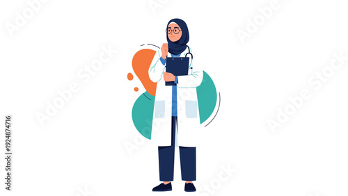 Professional Muslim female doctor wearing a hijab, glasses, and a white coat with a stethoscope, holding a clipboard for patient notes.