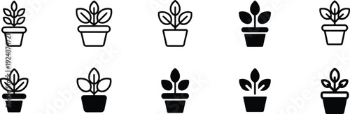 Ten potted plant icons showcasing various styles and growth stages arranged on a simple white background