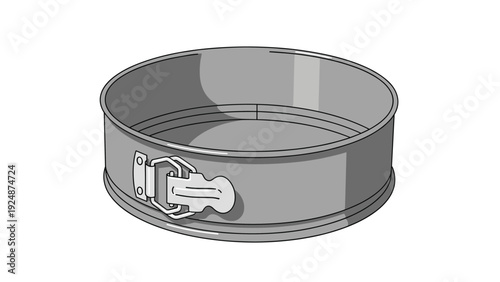 Grayscale vector illustration of a metal springform pan with a latch, essential baking equipment for cheesecakes and delicate cakes.