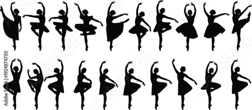 Black ballet dancer silhouettes, elegant poses collection, classical dance positions, artistic movement concept, isolated white background, minimal vector illustration