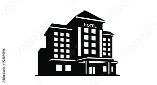 Simple black and white illustration of a multi story hotel building with a sign