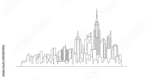Line art illustration of a modern city skyline with prominent skyscrapers