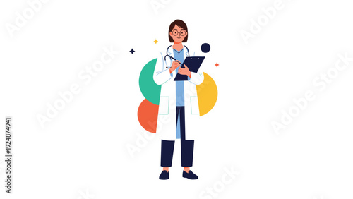 Friendly female doctor wearing glasses and a white coat with a stethoscope, writing on a clipboard against an abstract background.