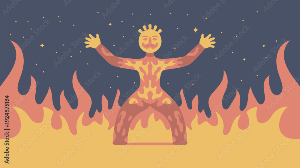 Fototapeta premium A vibrant illustration of a person surrounded by flames under a starry night sky with a peaceful expression.