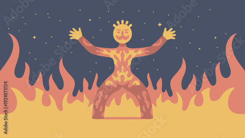 A vibrant illustration of a person surrounded by flames under a starry night sky with a peaceful expression.