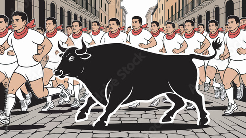 A group of men in white shirts and red bandanas running with a black bull in a city street