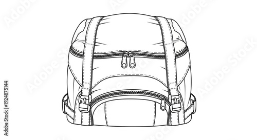 Backpack Line Drawing, Sketch of a Duffel Bag, Travel Gear Icon, Isolated on White