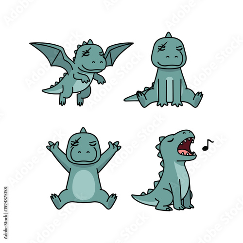 Cute cartoon dinosaurs in various poses and emotions on white background