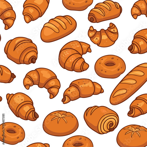 Seamless Pixel Art Bakery Pattern with Croissants Baguettes and Donuts