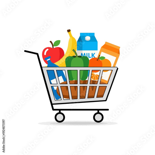 Fresh groceries in a shopping cart: fruits, vegetables, milk, juice, bread