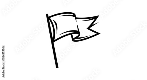 Black and White Flag Waving on Pole, Simple Line Art Icon, Vector Illustration