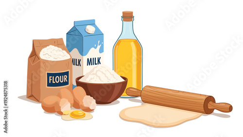 Collection of classic baking ingredients including a bag of flour, milk, oil, eggs, and a wooden rolling pin with rolled out dough.