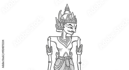 Traditional Thai Puppet Character Outline, Cultural Art, Isolated on White Background