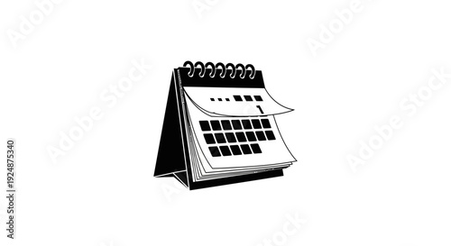 Black and White Illustration of a Desk Calendar with Pages Turning