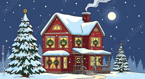 Festive residence glows warmly amidst a serene winter night snowfall