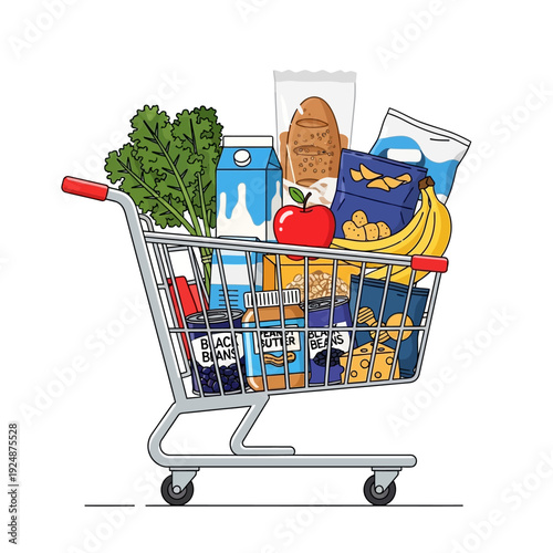 Full grocery shopping cart with fresh food and snacks, isolated on white background.