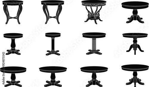 Classic round pedestal table silhouette collection vintage furniture design set antique wooden side tables vector illustration isolated interior decor