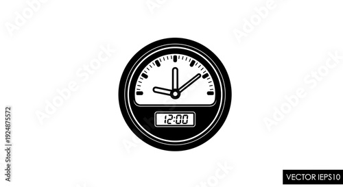 Vintage Clock Face with Digital Display Showing 12:00, Retro Timepiece Icon